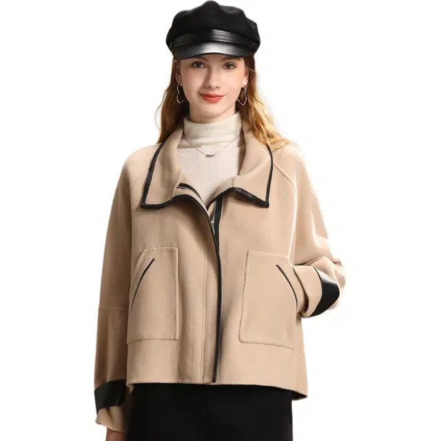 粉红玛琍 撞色翻领拉链宽松长袖大衣 女款 米灰