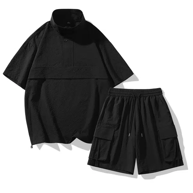 星际者 基础款纽扣立领短袖上衣中腰系带学院短裤休闲运动套装 男女同款