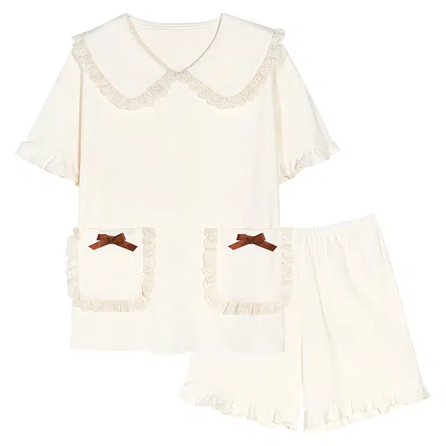 顶瓜瓜 带胸垫短袖三分裤可爱翻领花边休闲舒适家居服睡衣套装 女款