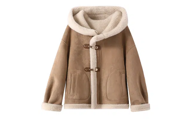 花栗鼠小姐 香醇拿铁 皮毛一体羊羔毛拼接设计短款慵懒舒适连帽加厚棉服 女款 复古卡其