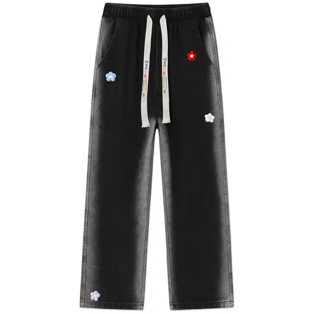 帕丁顿熊 美式复古可拆卸花卉别针水洗做旧侧边渐变宽松直筒波西米亚风刺绣抽绳休闲牛仔裤 男女同款