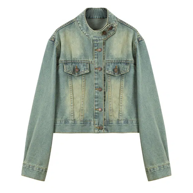 莫代尔 韩版百搭立领宽松做旧长袖牛仔外套 女款 浅蓝色