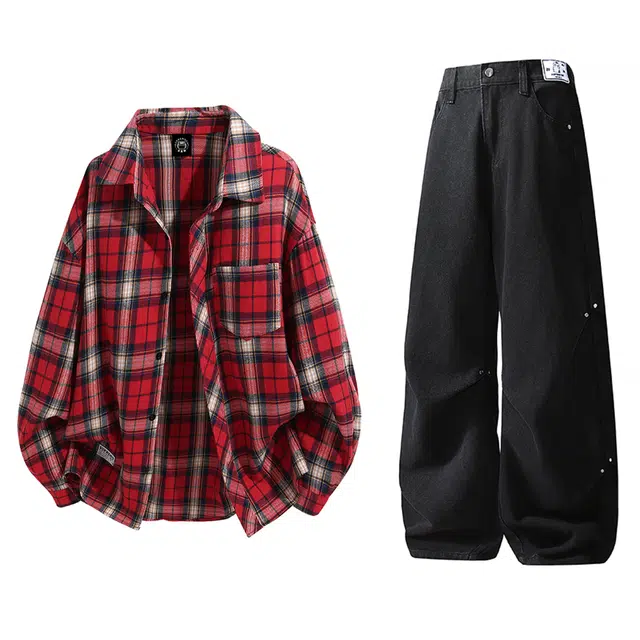 吾皇猫 基础款宽松格子条纹学院风时尚长袖衬衫外套直筒宽松牛仔裤休闲运动套装 男女同款