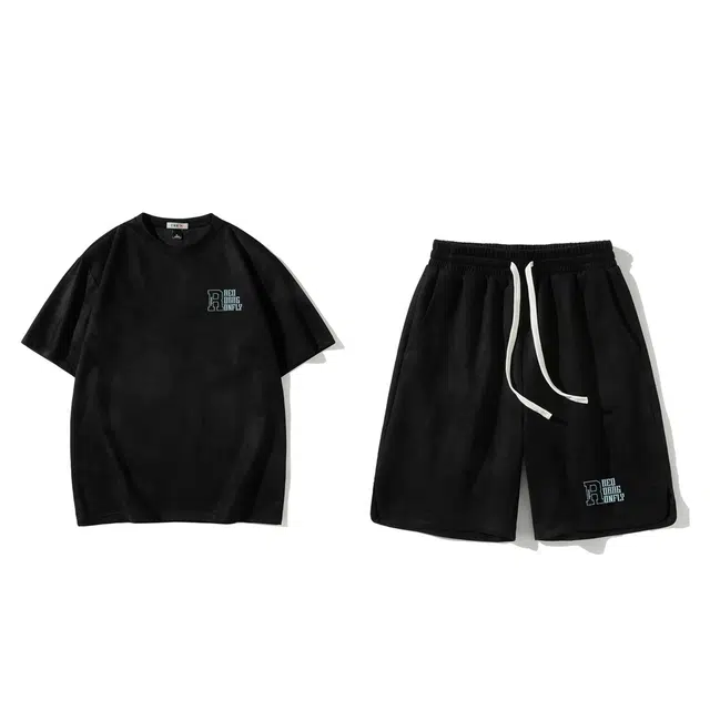 红蜻蜓 美式复古纯色短袖舒适宽松短裤休闲运动套装 男女同款