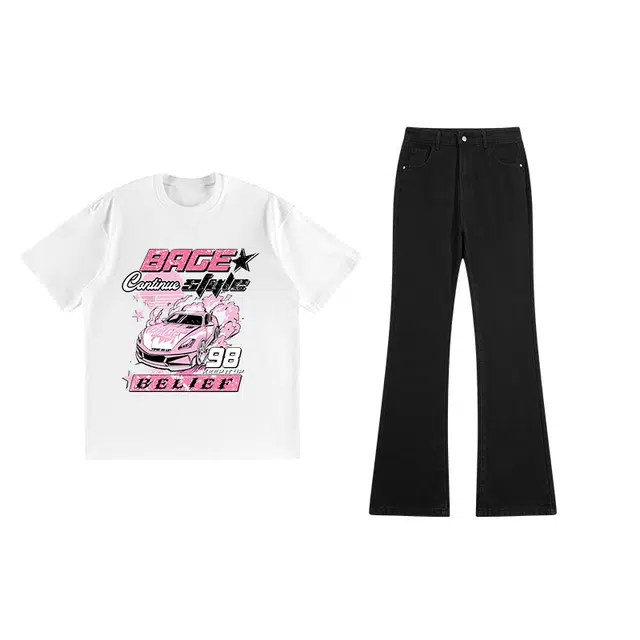 八哥 美式高街简约基础款创意跑车系列纯棉短袖上衣搭配水洗做旧直筒裤休闲运动套装 男女同款