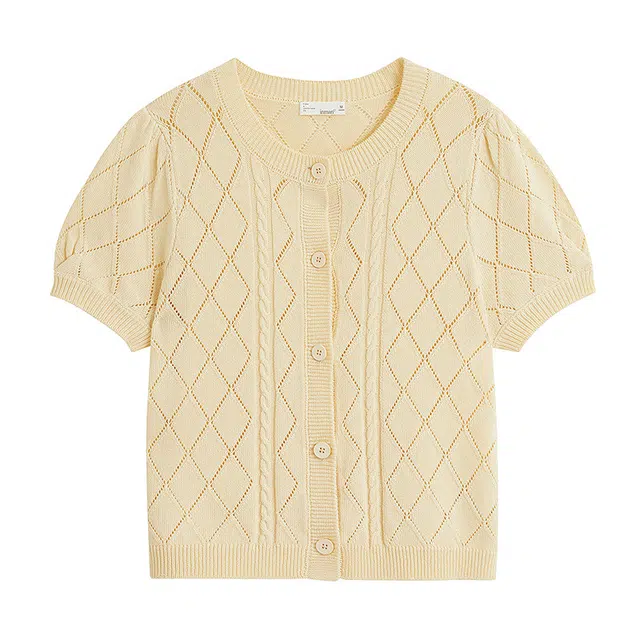 茵曼 法式镂空菱格短袖通勤针织衫 女款 浅黄色