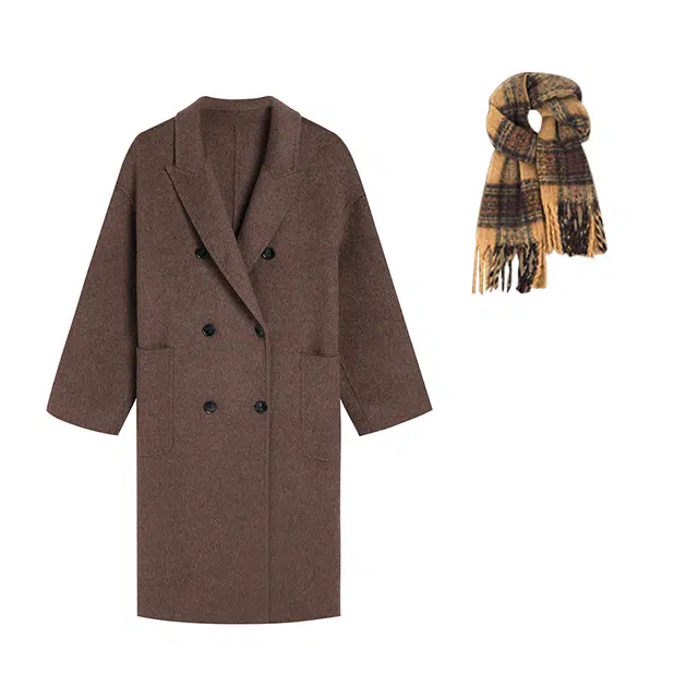 冰淇淋与鲸 韩版双面呢子中长款纯色翻领大口袋双排扣经典休闲大衣 女款