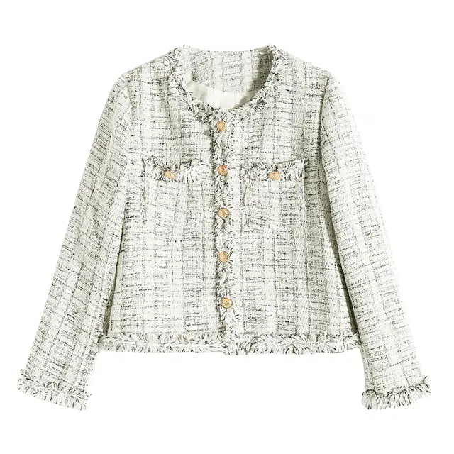 花蔓色 高端小个子法式名媛纯色圆领单排扣修身毛边小香风上衣截短外套 女款