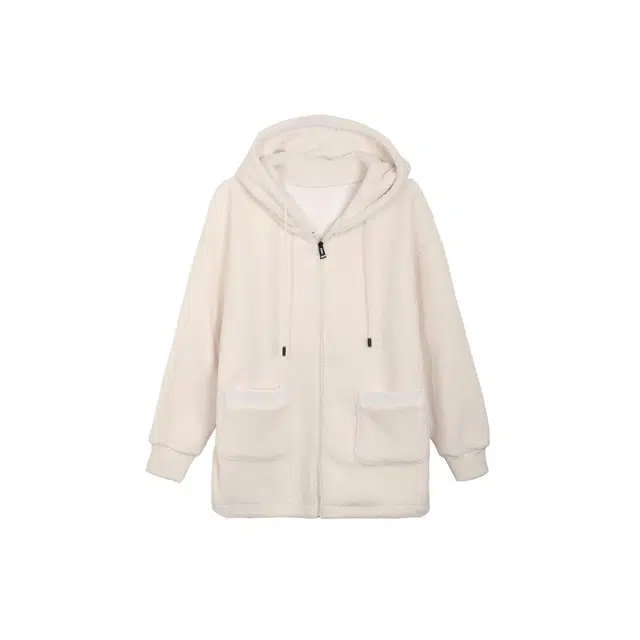 麓蔓蒂 纯色连帽双口袋落肩拉链保暖加厚摇粒绒绒感外套 女款