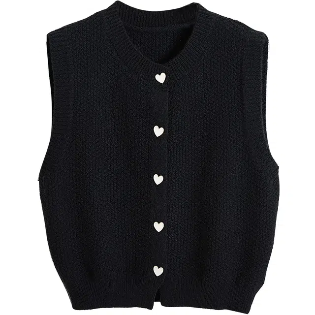 她池 纯色单排扣圆领马甲 女款 黑色