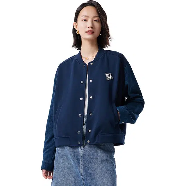初语 短款立领拼接复古休闲外搭棒球服外套 女款 藏青色