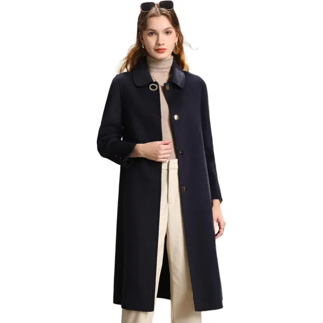 粉红玛琍 中长款简约翻领大衣 女款 藏蓝