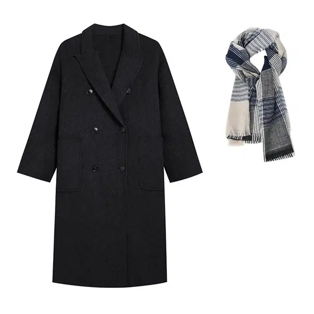 冰淇淋与鲸 纯色西装领大口袋双排扣双面绒中长款毛呢大衣 女款