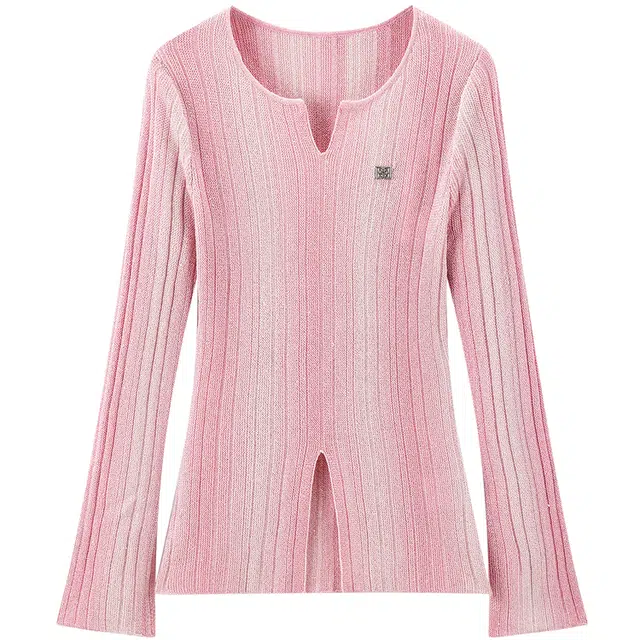 太平鸟 不规则领口竖条长袖针织衫 女款 桑格利亚粉