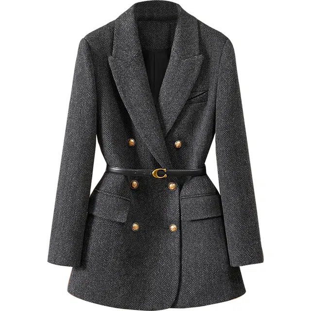 她池 翻领外套双排扣气质中长款收腰长袖西装 女款 黑灰人字纹