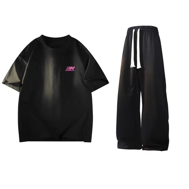 吾皇猫 学院风美式复古基础款舒适透气字母印花宽松短袖长裤舒适透气两件装休闲运动套装 男女同款