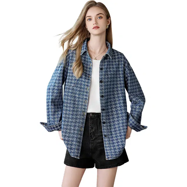 她池 复古宽松休闲翻领单排扣截短外套 女 蓝色千鸟格