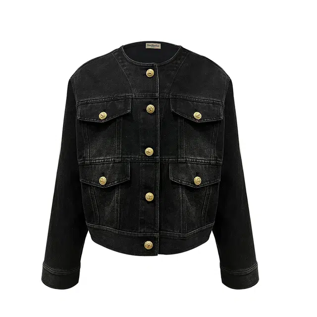 小小拉 休闲复古宽松短款牛仔外套 女款 黑色