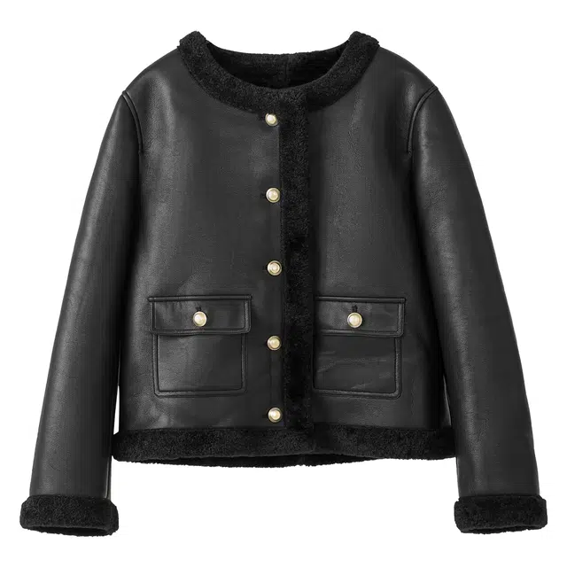 法儿家 宽松圆领单排扣长袖截短外套 男女同款 黑色