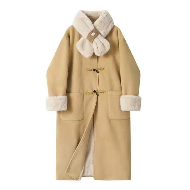 木清清 韩系长款高级感毛呢外套加绒加厚女赫本风牛角扣呢大衣 女款 浅卡色