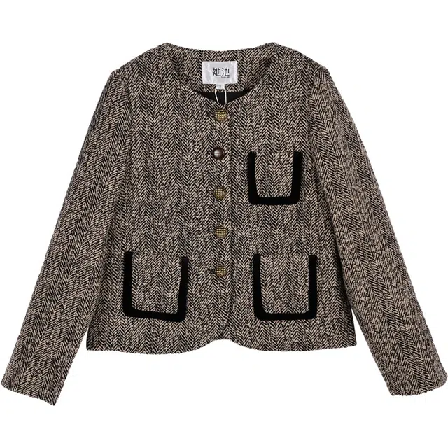 她池 小香风圆领正肩法式短款截短外套 女款 黑咖色