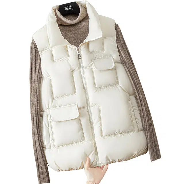 她池 纯色大口袋保暖立领加厚棉马甲 女款