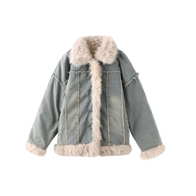 花栗鼠小姐 设计感高级感港风复古拼接毛毛领加厚百搭宽松长袖牛仔外套 女款 孔雀蓝