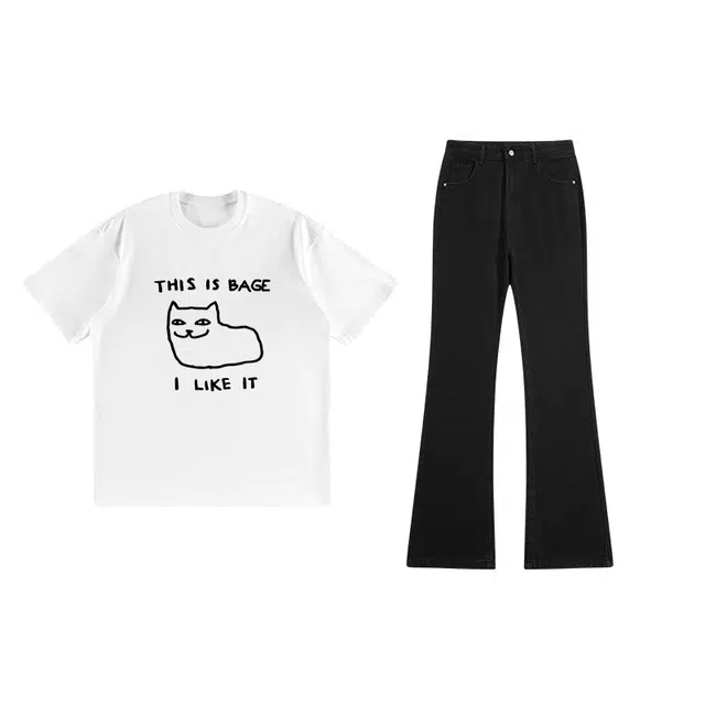 八哥 美式高街简约基础款纯棉时尚舒适百搭潮流适中纯色字母常规宽松圆领拉链落肩套头中腰短袖长裤休闲运动套装 男女同款