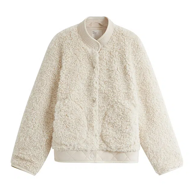 茵曼 法式皮毛一体羊羔绒加厚宽松短款截短外套 女款 白色