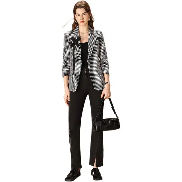 粉红玛琍 时尚百搭撞色格子一粒扣西装 女款 黑白格