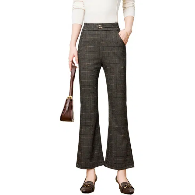 粉红玛琍 格纹高腰修身喇叭休闲裤 女款 灰色