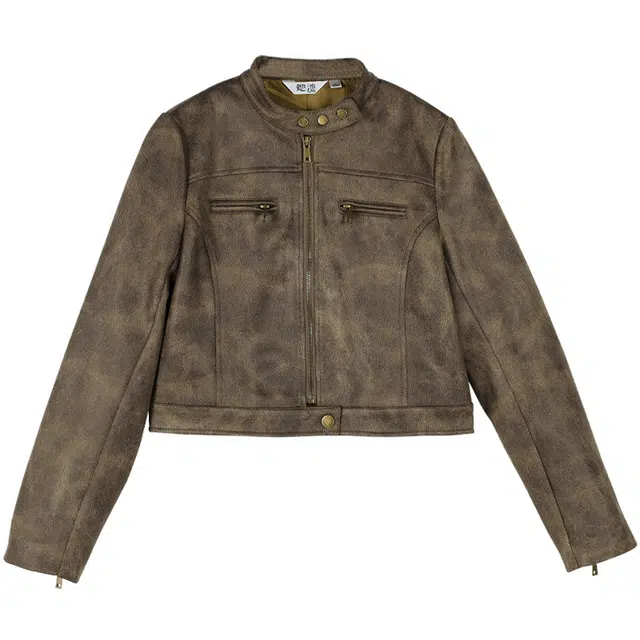 她池 美式复古做旧街头风舒适截短外套 女款 花咖色