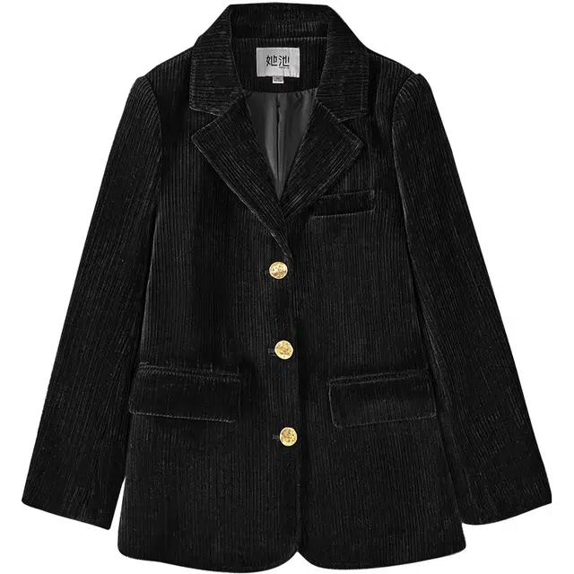 她池 复古长袖单排扣气质西装 女款 黑色