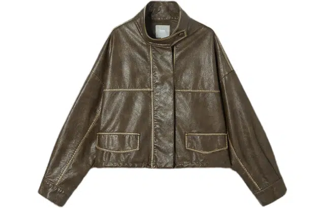 对白 时尚设计感抽绳立领金属扣短外套小个子皮衣夹克 女款