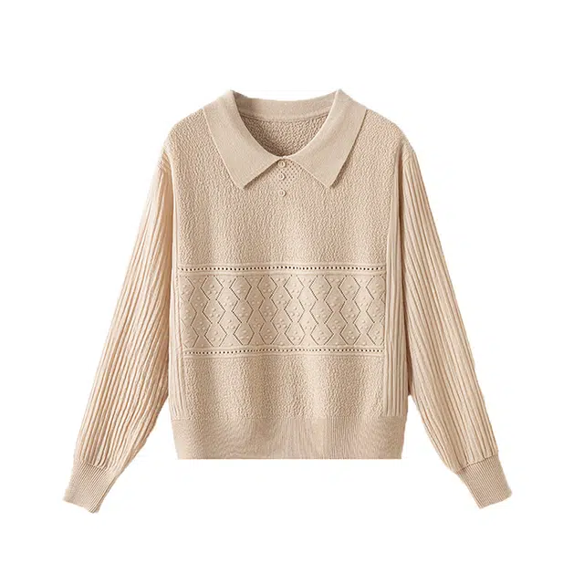 曲韩 娃娃领提花薄款小衫上衣时尚减龄宽松显瘦长袖春季针织衫 女款 杏色