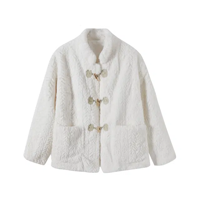 花山家的猫 纯色设计加厚牛角扣长袖绒感外套 女款 白色