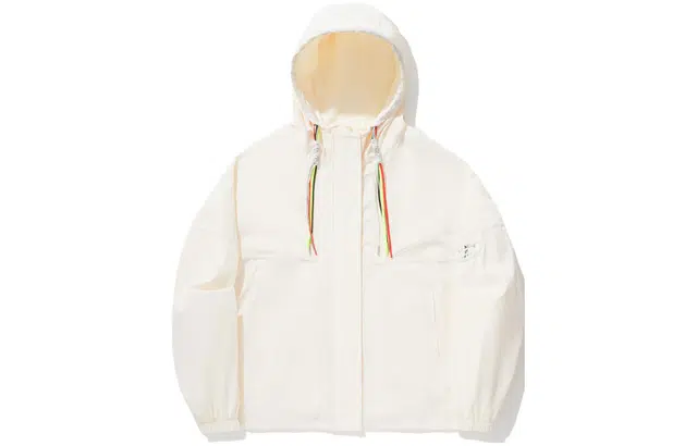 中国李宁 纯色连帽宽松运动风衣 女款 米白色