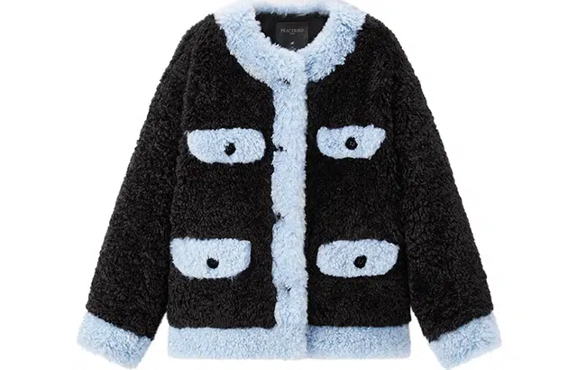 太平鸟女装 单排扣拼色长袖摇粒绒外套 女款 黑色