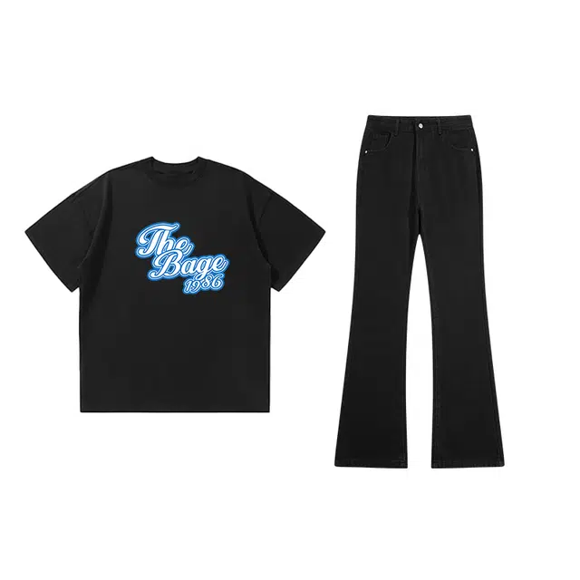 八哥 美式高街简约基础款创意时尚百搭纯色字母常规宽松圆领拉链落肩套头中腰短袖长裤休闲运动套装 男女同款