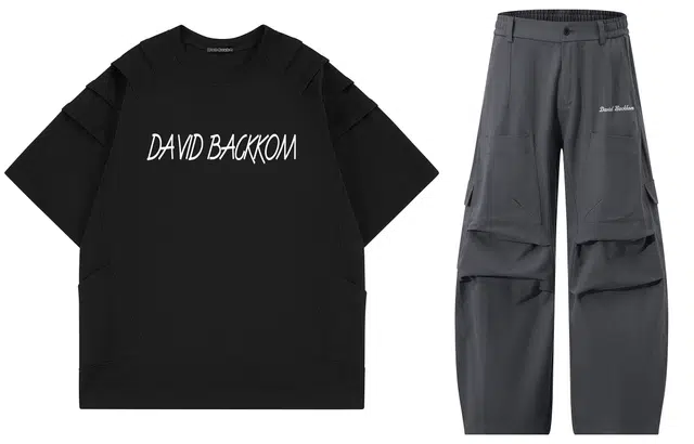 大卫贝肯 美式复古手写字母印花图案重磅双面棉多层次结构款多袋短袖山本斜弯刀褶皱伞兵裤休闲运动套装 男女同款