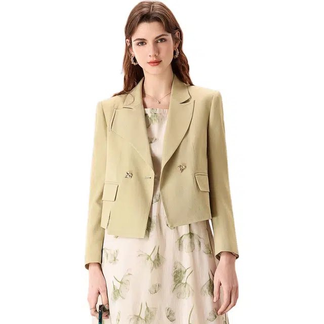 粉红玛琍 不对称设计纯色短款长袖西装 女款 芥末绿