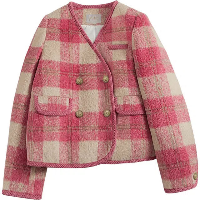 丝柏舍 小香风长袖双排扣短款夹克外套 女款 粉色格纹