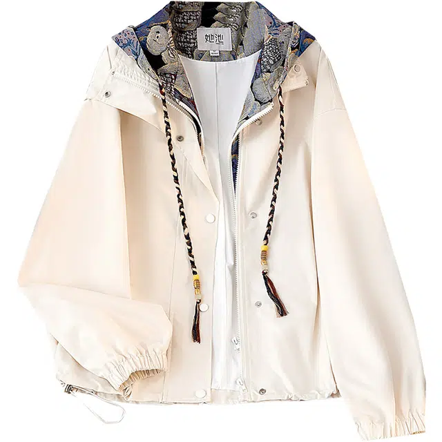 她池 拼接工装美式宽松休闲连帽长袖截短外套 女款 米色