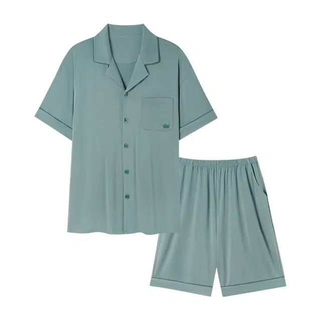 莫代尔 轻盈透气大方翻领开衫时尚气质舒适柔软细腻可外穿短袖五分裤睡衣套装 男款
