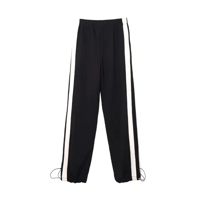 麓蔓蒂 条纹运动松紧阔腿休闲裤 女款 黑色