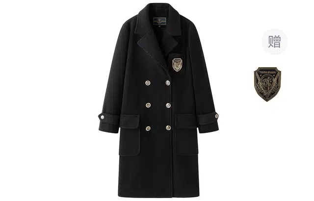 东鲸岁时记 毛呢学院风双排扣西装领长袖大衣 女款 黑色