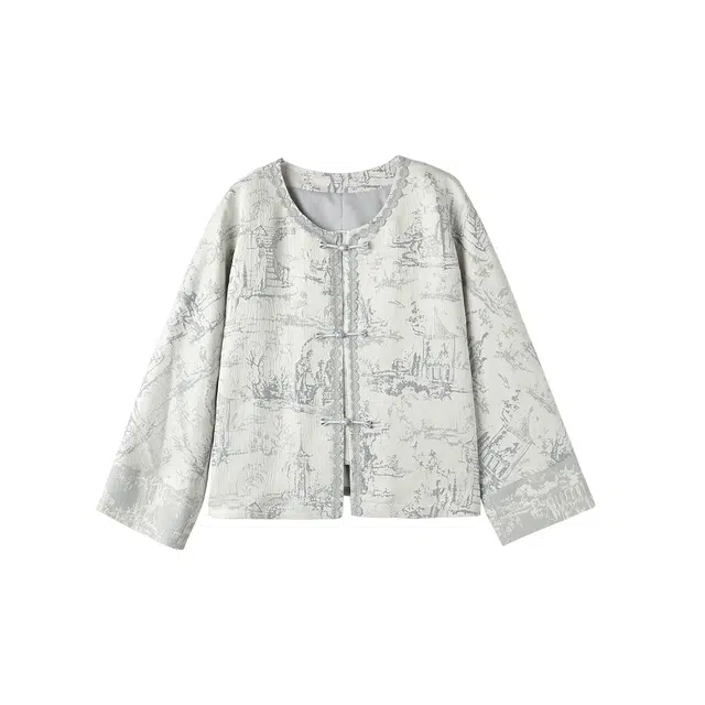 花栗鼠小姐 见山樱 新中式轻国风复古日常百搭蕾丝花边提花宽松短款截短外套 女款