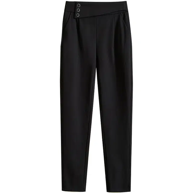 她池 简约纯色高腰哈伦九分休闲裤 女款 黑色