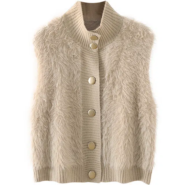 她池 毛绒拼接单排扣短款马甲上衣半高领马夹 女款