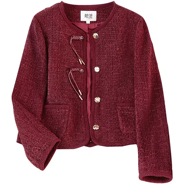 她池 优雅宽松单排扣圆领气质长袖截短外套 女款 红色